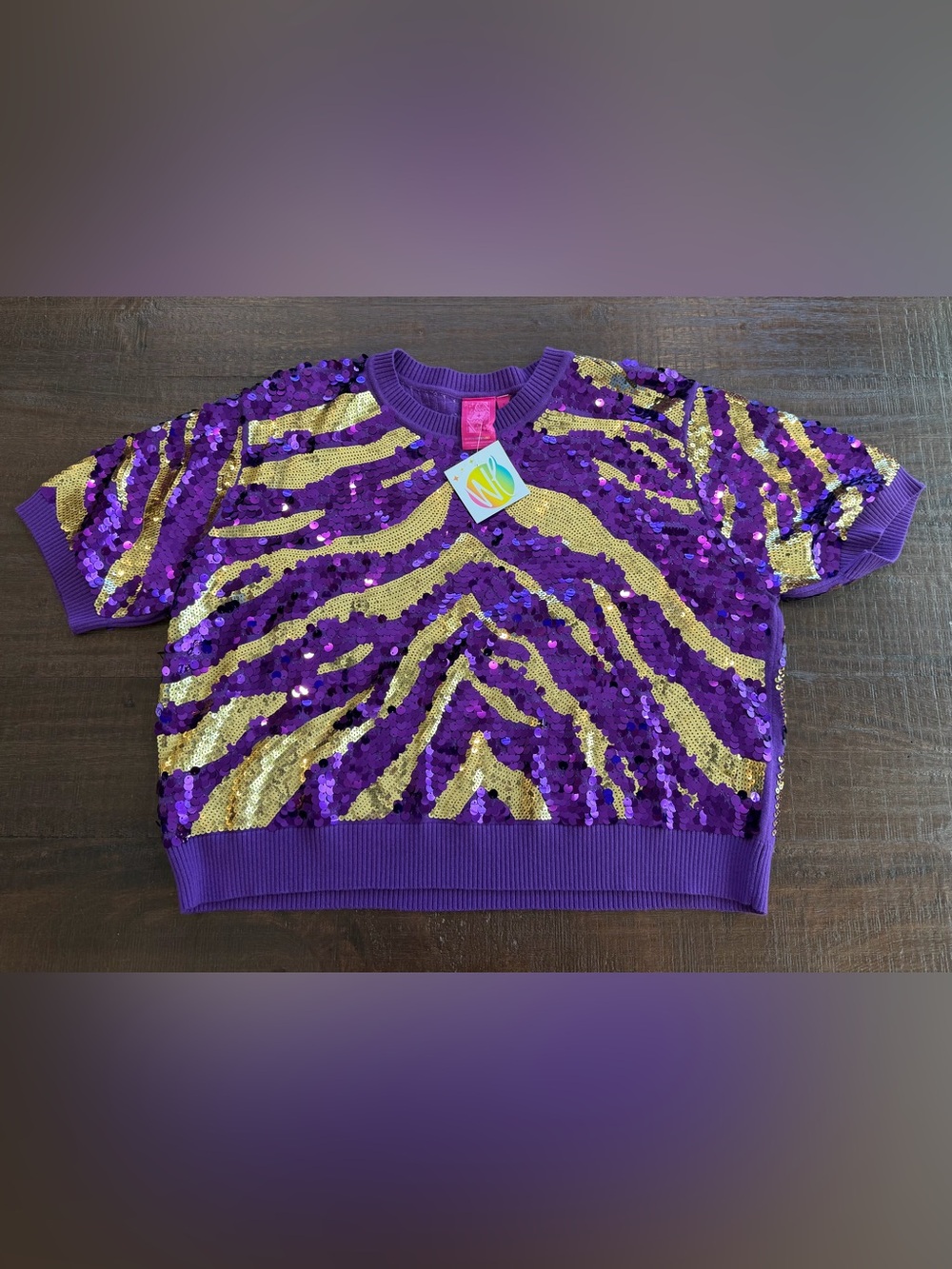 QUEEN OF SPARKLES Purple & Gold Tiger Print Sequin Crew Neck Sweater